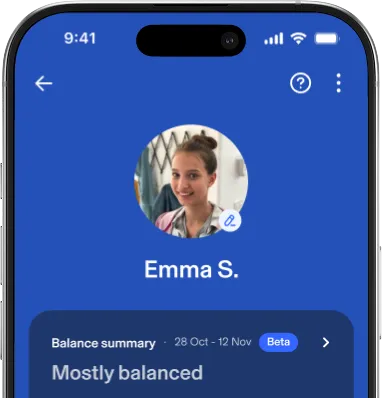 Aura Parental Controls UI: “Emma S., Balance summary: 28 Oct–12 Nov (Beta) — Mostly balanced”


